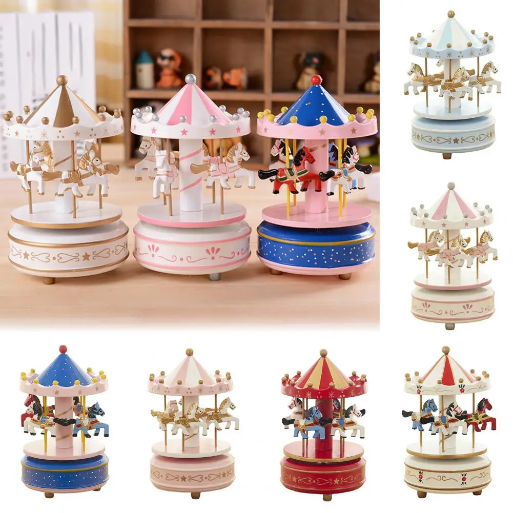 Wooden Music Box Handcrafted Musical Carousel Wooden Carousel Music Box with Rotating Horses Wind-up Musical Figurine for Home