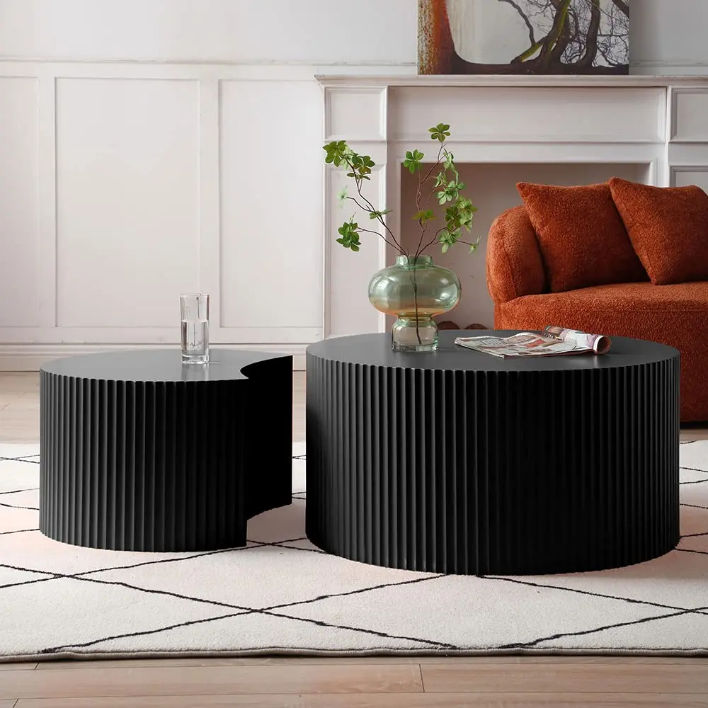 Round & Crescent Moon Wooden Nesting Coffee Table Set Of 2, Modern Luxury Accent End Tea Table For Living Room Black, Customized