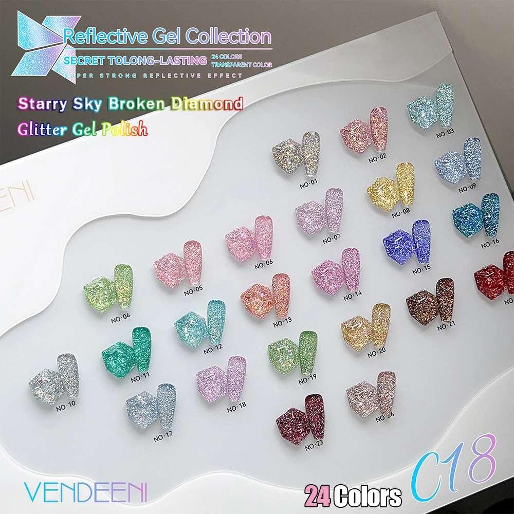 

Vendeeni TPO HEMA FREE 24 Colors/Set Starry Sky Glitter Gel Nail Polish Reflective Flash UV Soak Off Gel Varnishes With Display