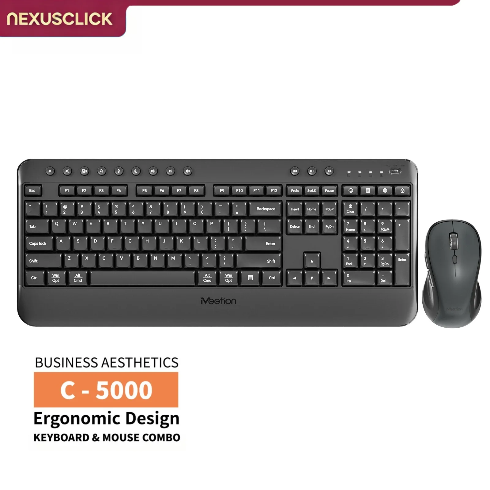 NexusClick 2.4G Wireless Keyboard Mouse Set,USB Receiver Low Profile Switch Adjustable DPI Ergonomic Combo Computer Home Office