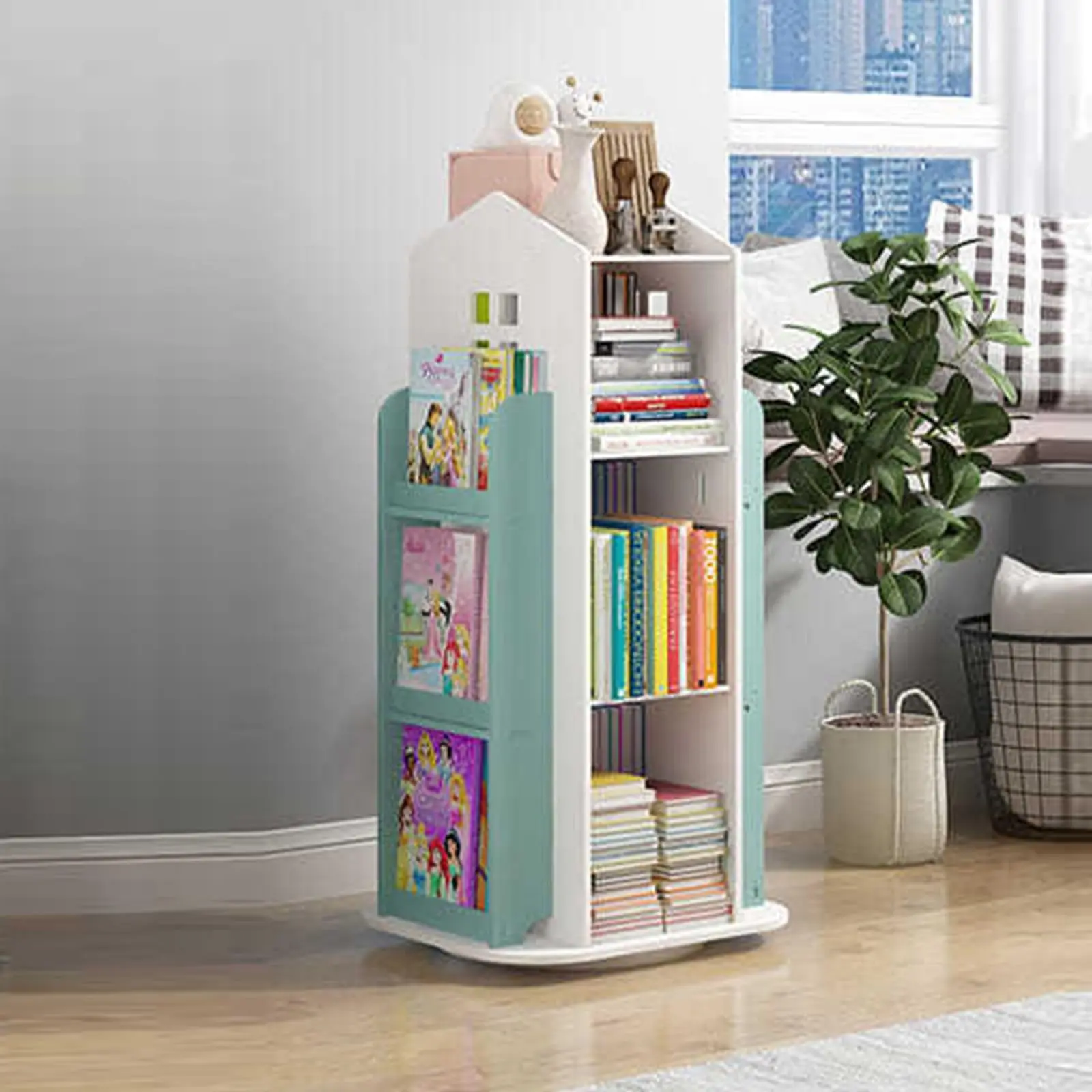 4-poziomowy obrotowy regał na książki, stojący na podłodze regał na książki do sypialni dziecięcej, salonu, gabinetu - zielony