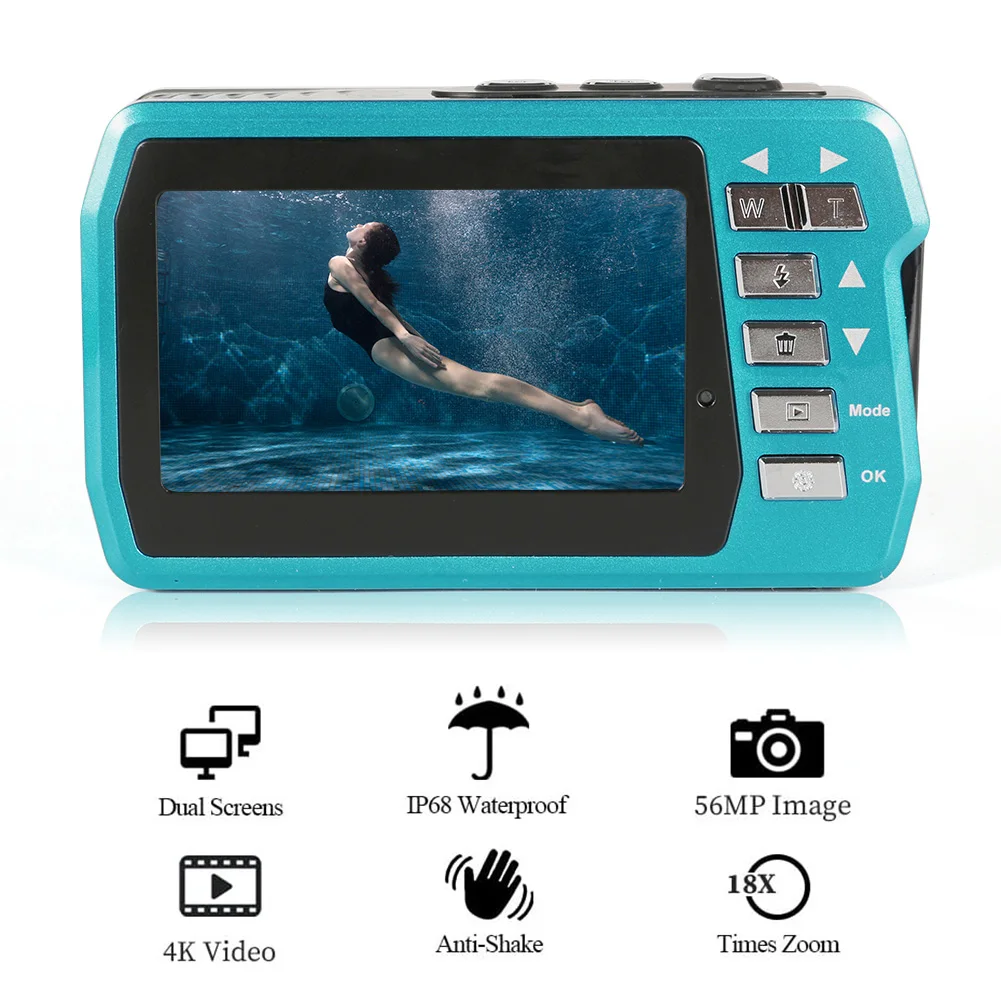 Waterproof Digital Camera 1080P 4K 56MP Anti-shake Outdoor Video Recorder Camera IPS Dual Screen Selfie Camcorder for Swimming