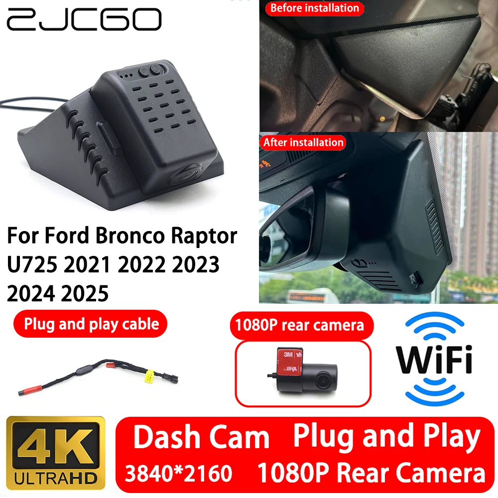 for Ford Bronco Raptor U725 2021~2025 4K 2160P Front Rear Camera Dash Cam Wifi Plug and Play Video Recorde Loop Recording