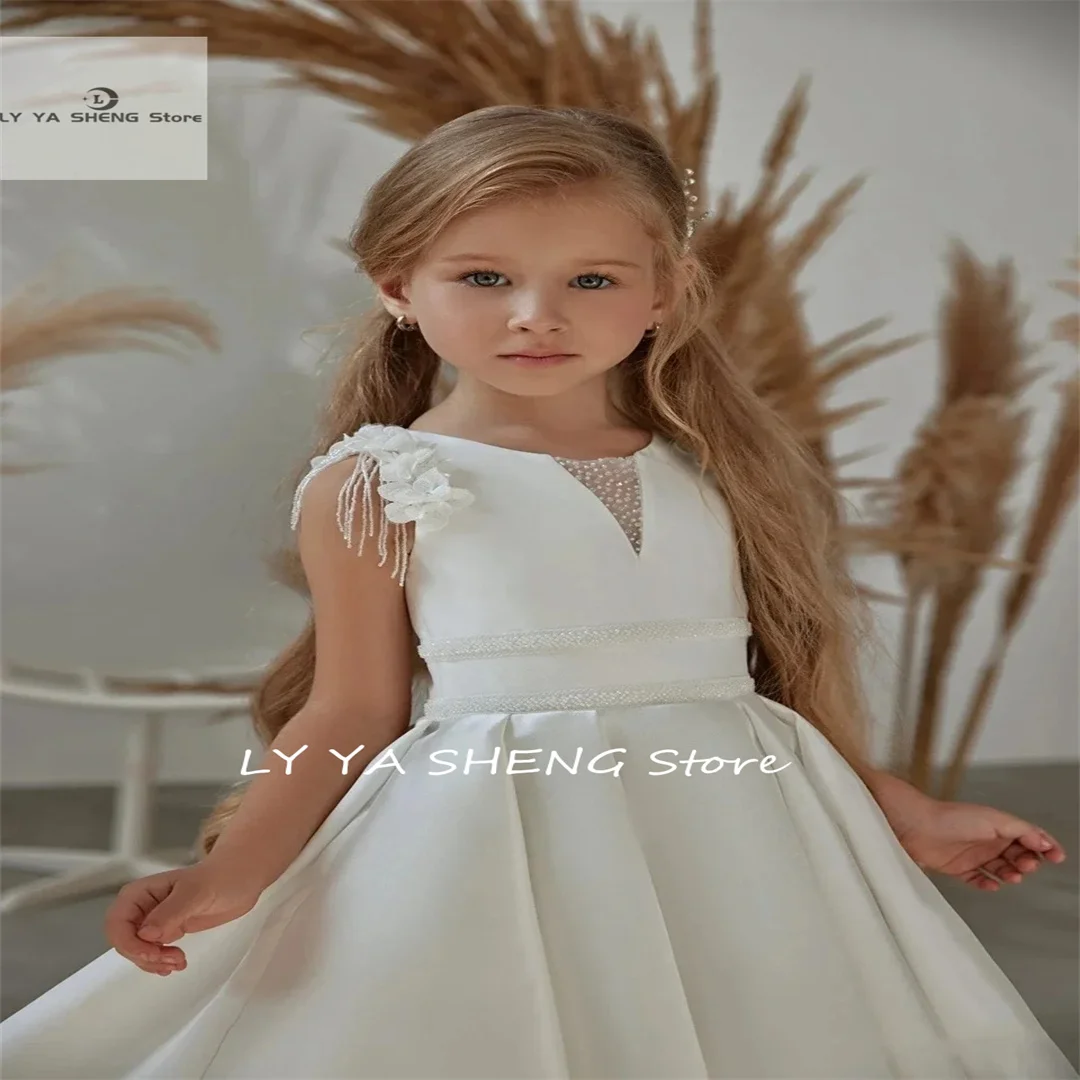 Vestido de niña de flores blancas para bodas, Vestido largo de satén con cuentas 3D, línea A, bata de desfile de cumpleaños, vestido de primera comunión