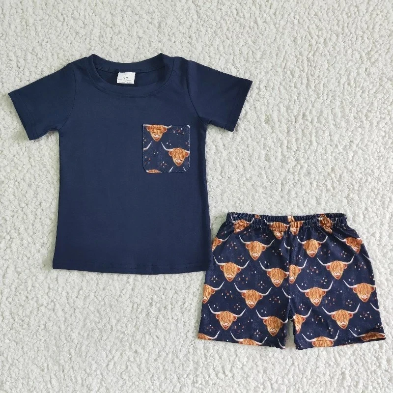 Wholesale Western Cow Baby Boy Summer Clothing Pocket Naby Blue Shirt Highland Shorts Children Boutique Kid Set Fashion Outfit