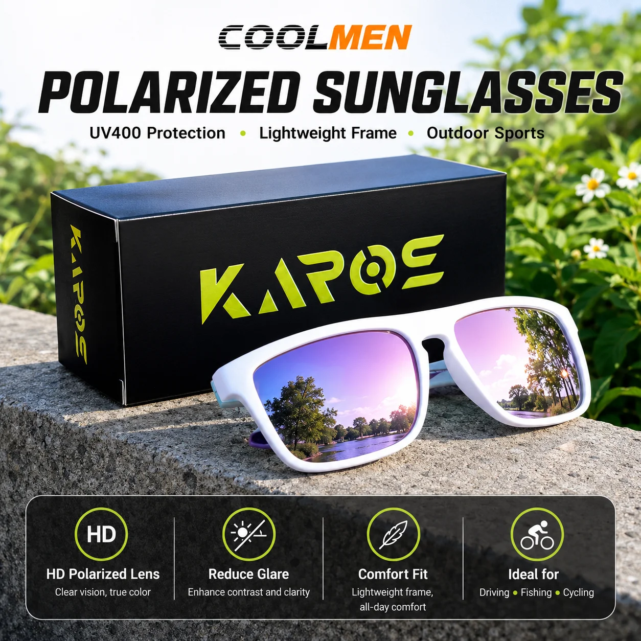COOLMEN Polarized Sunglasses Unisex Car Driver Anti-Glare Goggles Outdoor for Travel Fishing Beach UV400 Eyeglasses With Gift