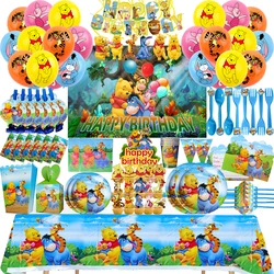 Disney Winnie Bear Theme Kild Birthday Party Decor Paper Plate Cup  Background Disposable Tableware For Kids Baby Shower Supplie