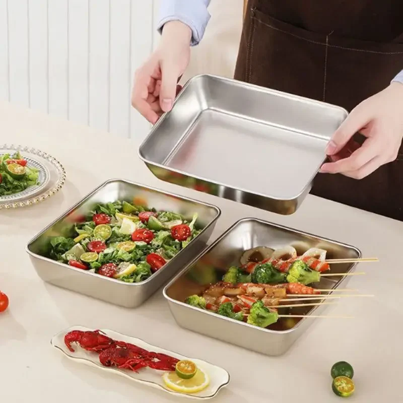 

304 Stainless Steel Tray Food Grade Square Plate Steamed Rice Barbecue Plate Commercial Kitchen Dish Thickened Water Tray