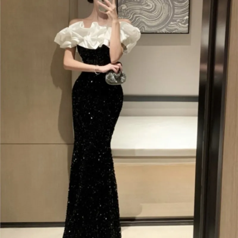 One-shoulder long sequined velvet party dress