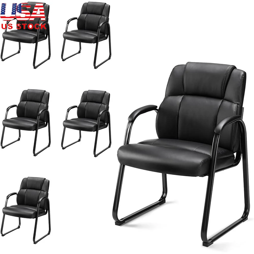 

Набор из 6 кожаных офисных стульев для гостей. Эргономичные стулья для конференц-зала в вестибюле с мягкими подлокотниками. Прочный металлический каркас.