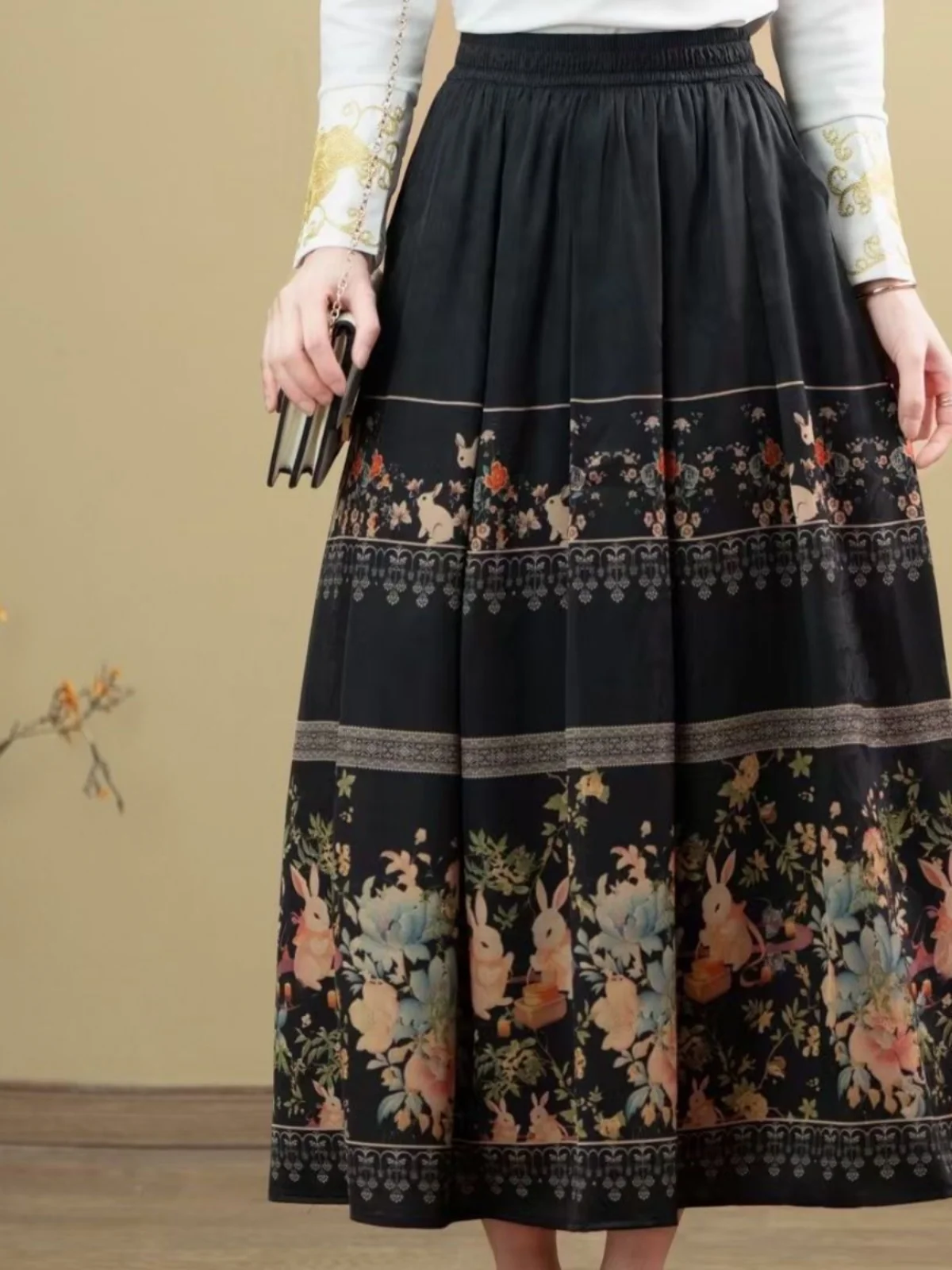 엘리 프린트 미디 스커트 중국 스타일 하이웨이스트 폴리에스터 원단 여성 패션 여름 신상 루즈핏 미디길이