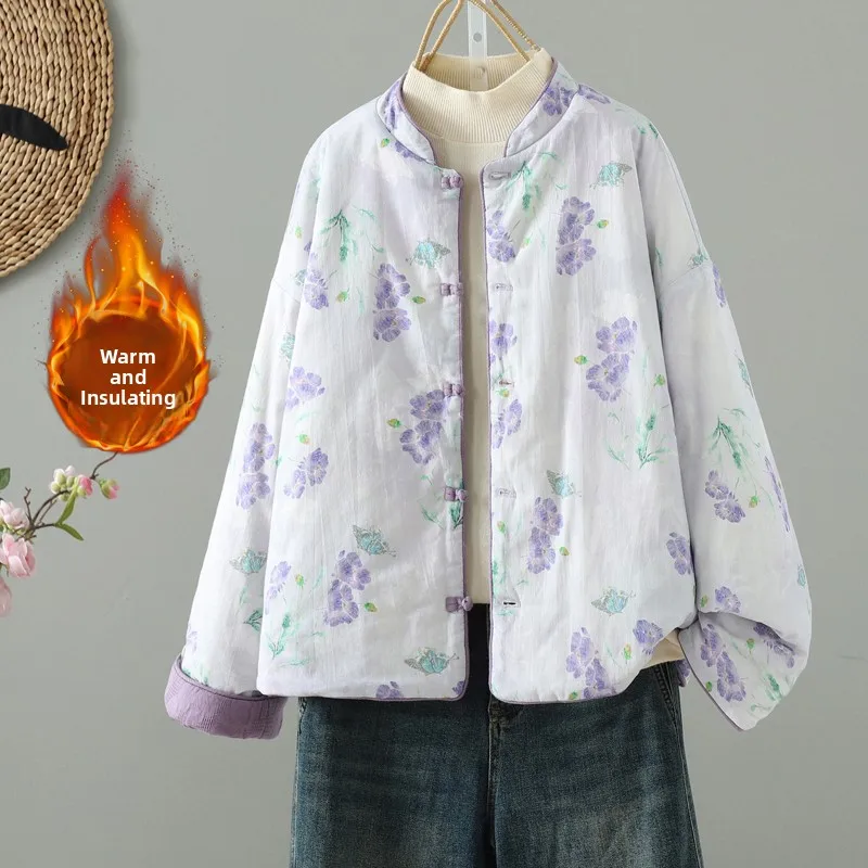 

High-End Embroidered Button Cotton Jacket Women's Winter Warm Pocket Double-Sided Wear Artistic Style Small Size Cotton Coat