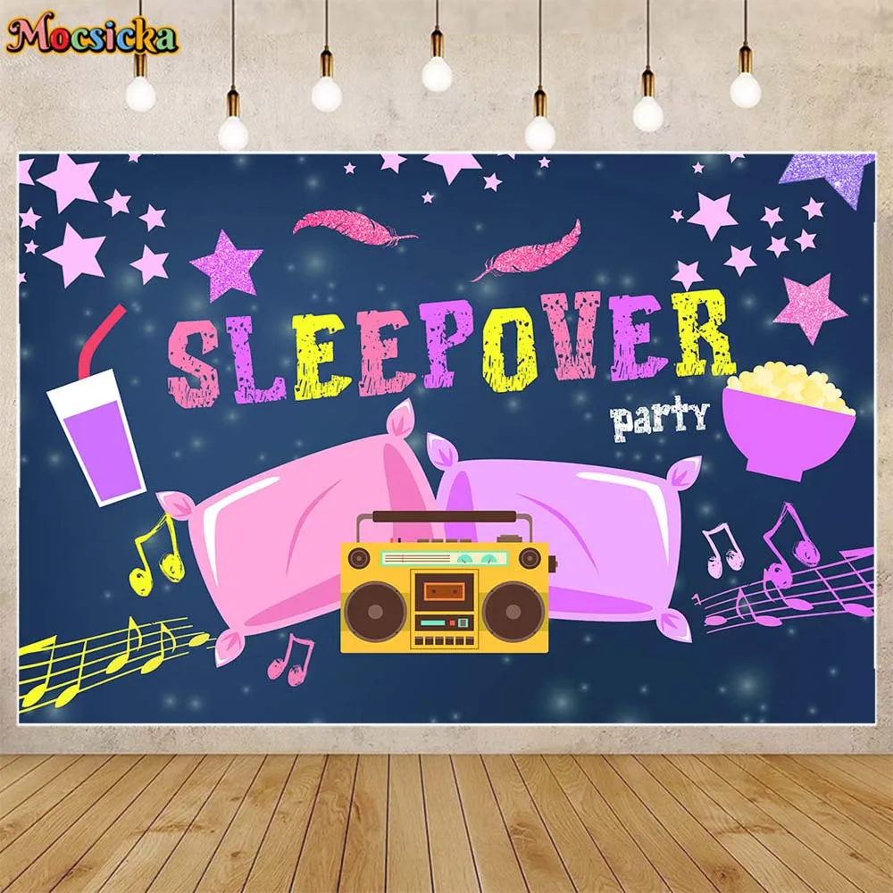 Mocsicka Sleepover Party Backdrop Girls Slumber Pajama Pillow Tent Birthday Party Decor Background Photo Studio Photoshoot Props