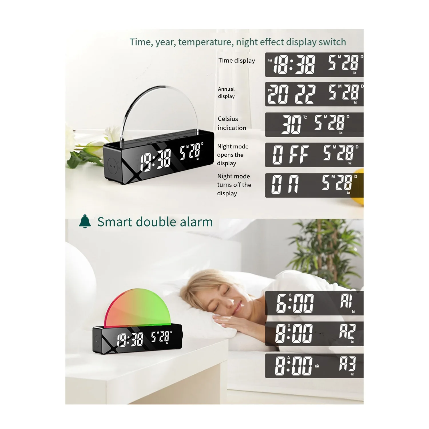 BAAG-Sunrise Lamp Sunrise Alarm Clock, Wake Up Light Dawn Simulator, Bedside Sun Lamp Color Changing Lights For Bedroom Black Du