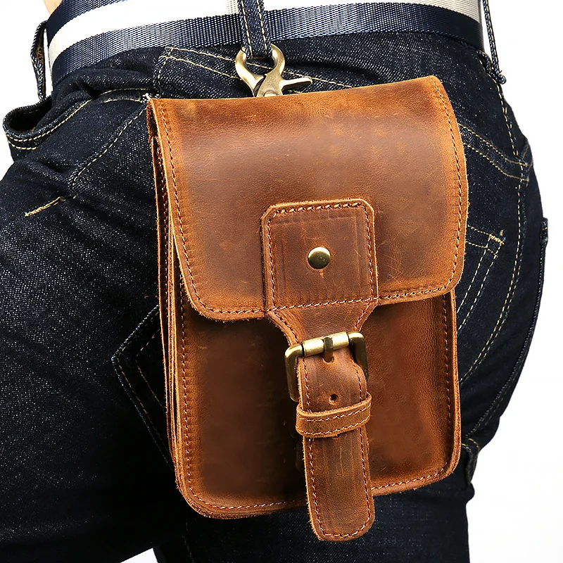 

Handmade Pure Cowhide Leather Sports Hanging Bag Men's Retro Outdoor Waist Bag Portable Small Bag for Casual Leisure