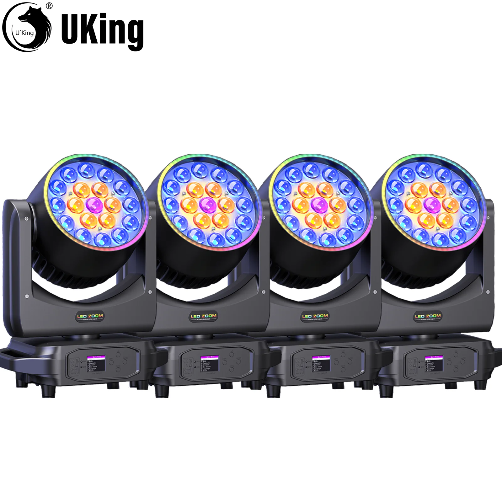 

U'King 4Pcs 220W Moving Head Light With Strip 19X8W RGBW LED Beam Zoom Strobe Stage Light DMX DJ Light For Wedding Party KTV Bar
