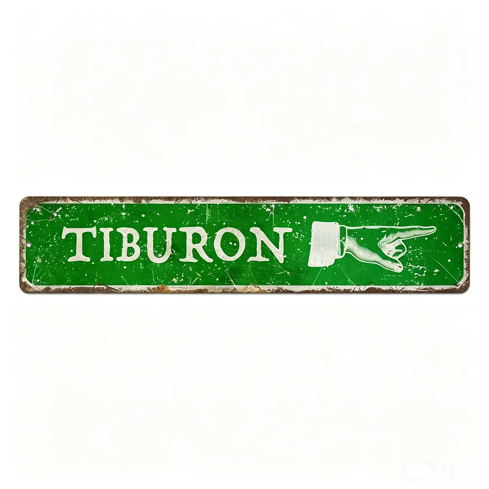 1pc Customizable Pointing Hand Metal Plaque, Green Vintage Distressed Tiburon Wall Sign for Home Bar Decor (Decor Only)