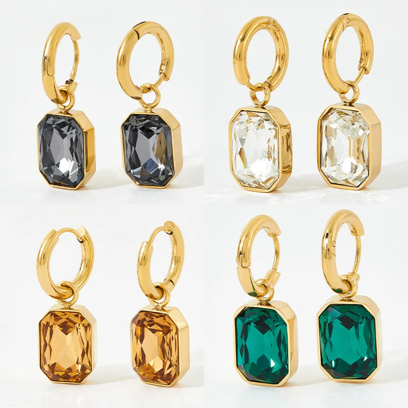 Trendy Square Zirconia Drop Stud Earrings For Women Girls Gold Color Metal Crystal Stone Pendant Ears Accessories Jewelry Gifts