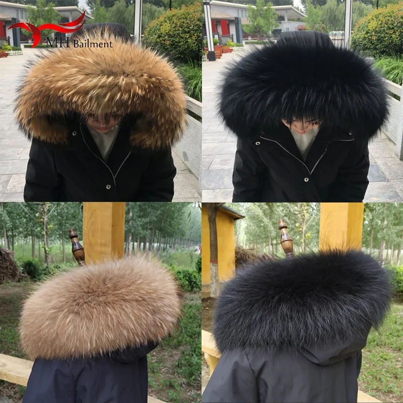 100% Real Raccoon Fur Collar For Parkas Coats Luxury Warm Natural Raccoon Scarf Women Large Size Black Scarves Detachable Shawl