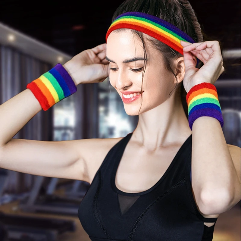 Rainbow Color Soft Wrist Bands Sport Sweatband Hand Band Sweat Wrist Support Brace Wraps Guards Stretch Headband Hair Band