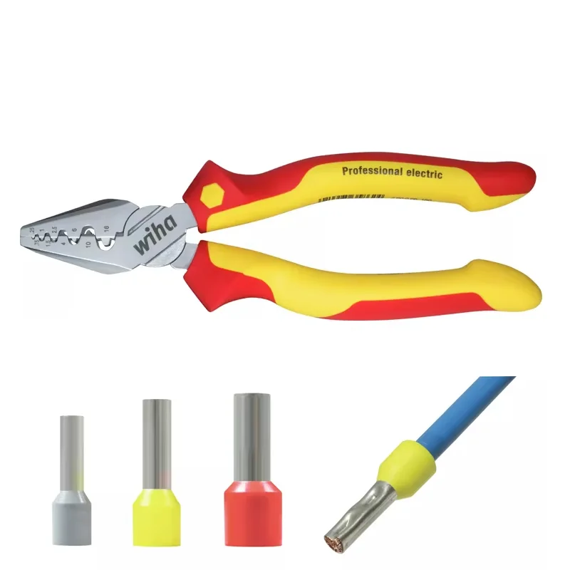 Wiha 35862 Professional Insulated Crimping Pliers, VDE 1000V DIN 46228 Terminal Ferrule Crimper Electrician Hand Tool
