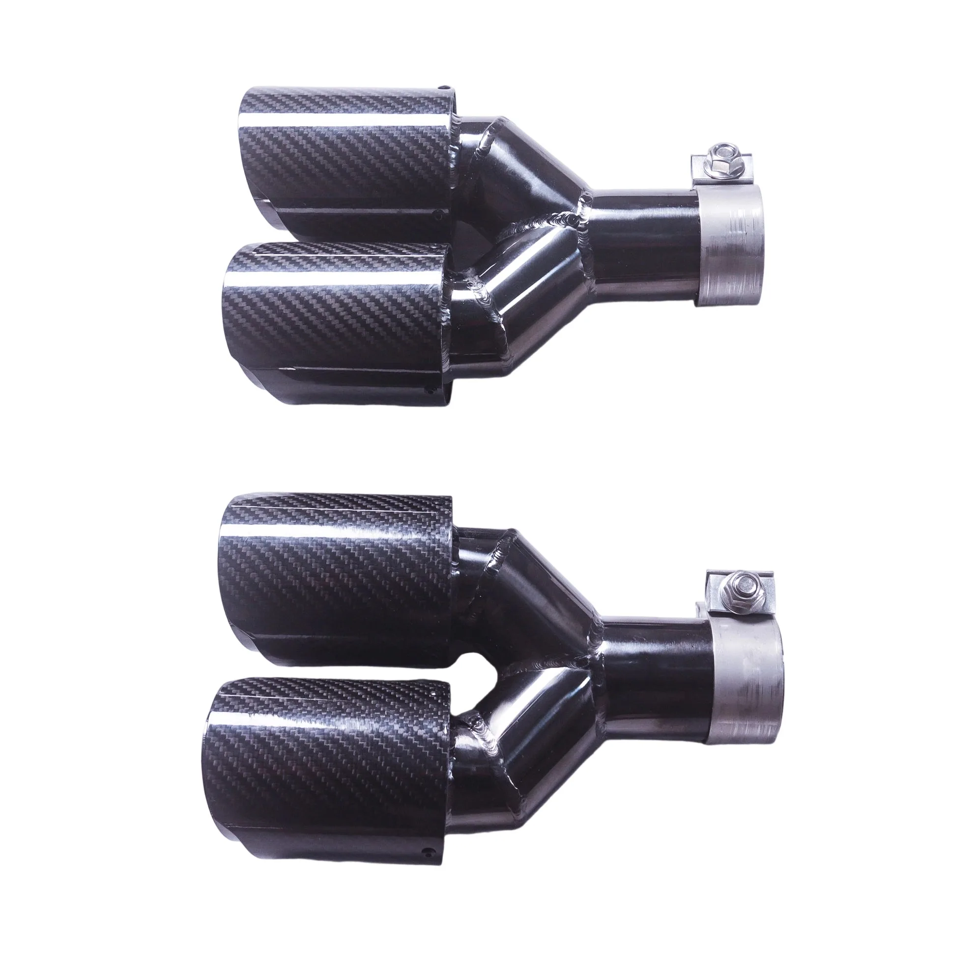 Ujung knalpot serat karbon glossy berbentuk Y dengan dua lubang keluar, dekorasi nozzle knalpot, universal stainless steel