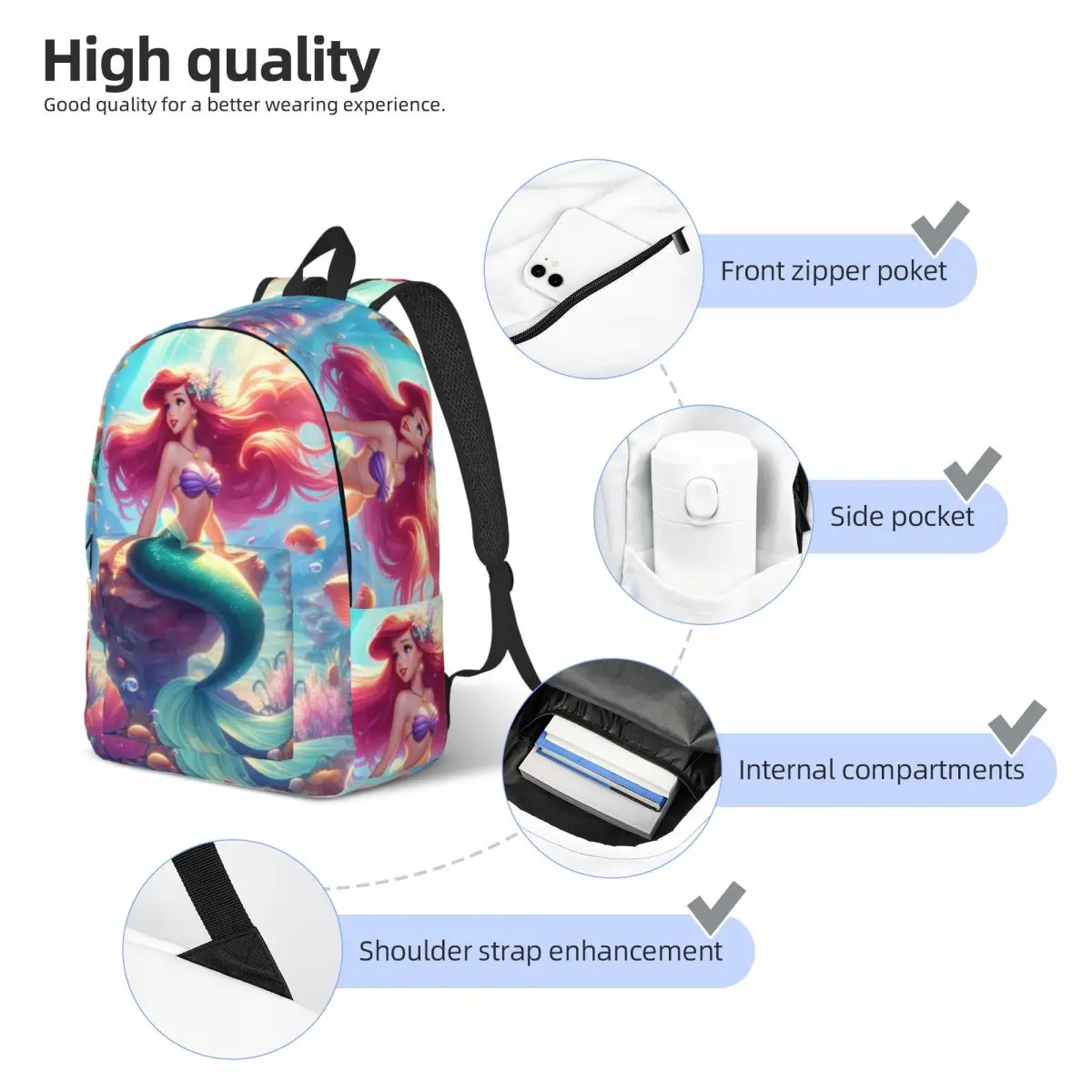 Custom Ariel Princess Travel Canvas Backpack Women Men School Laptop Bookbag The Little Mermaid College Student Daypack Bags