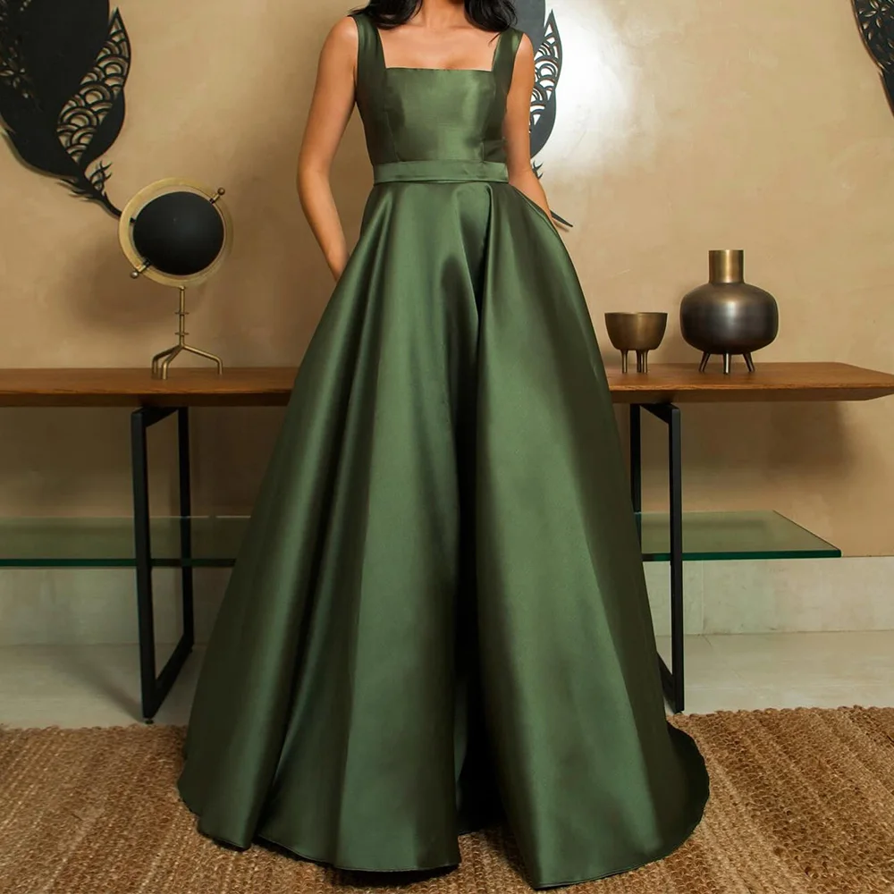 

Customized Delicate Bow Off The Shoulder Satin Evening Dresses Modern A-Line Floor Length Square Neck Sleeveless платье вечернее