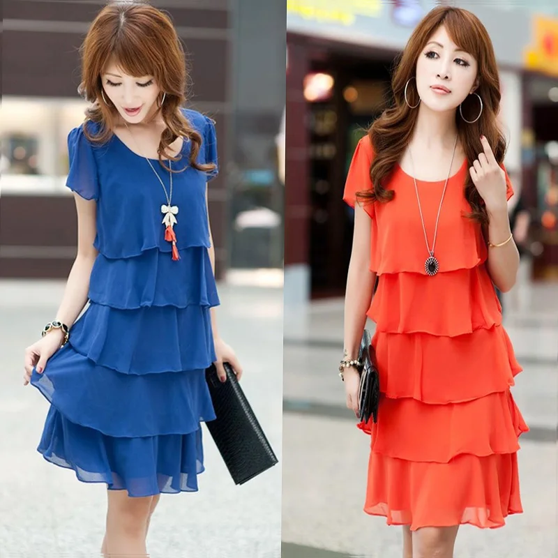 เดรสชีฟองสไตล์วินเทจสำหรับผู้หญิง ดีไซน์ลำลอง ระบายชายกระโปรง เหมาะสำหรับงานปาร์ตี้