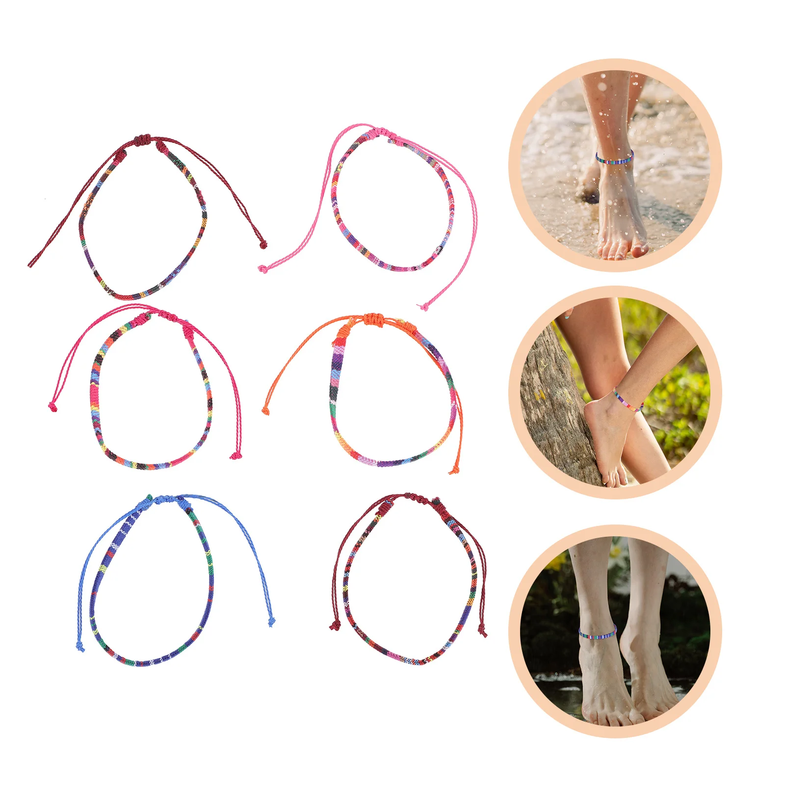 

6Pcs Foot Chain Anklet for Women Summer Beach Braided Adjustable Bohemian Style Woven String Jewelry Accessory