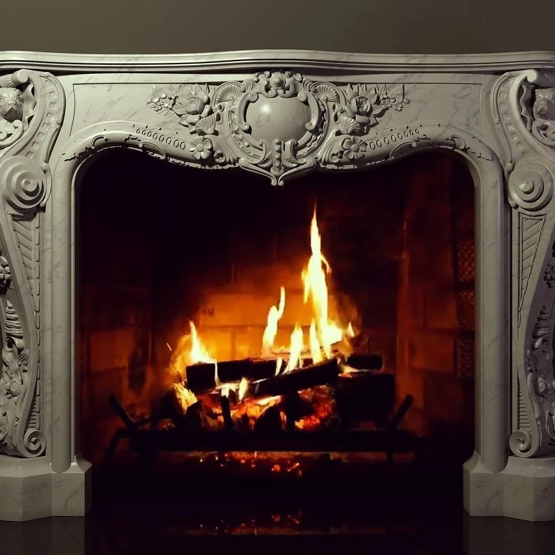 مدفأة من الرخام الفرنسي الطبيعي المنحوت يدويًا تحيط عباءة لديكور المنزل