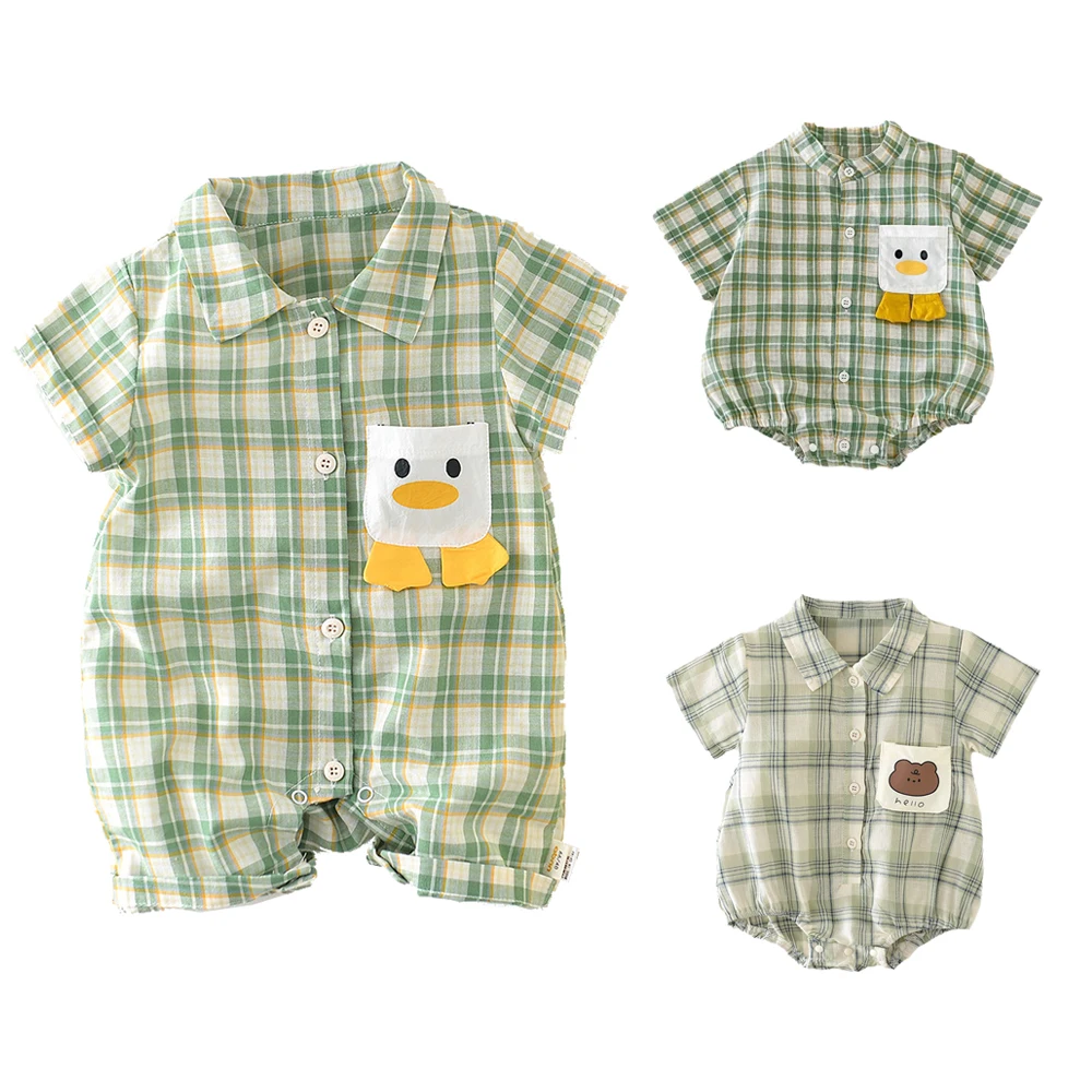 Summer Cute Green Plaid Infant Baby Bodysuits and Rompers Short Sleeve Linen Breathable Babe Boys and Girls One Piece Outfit