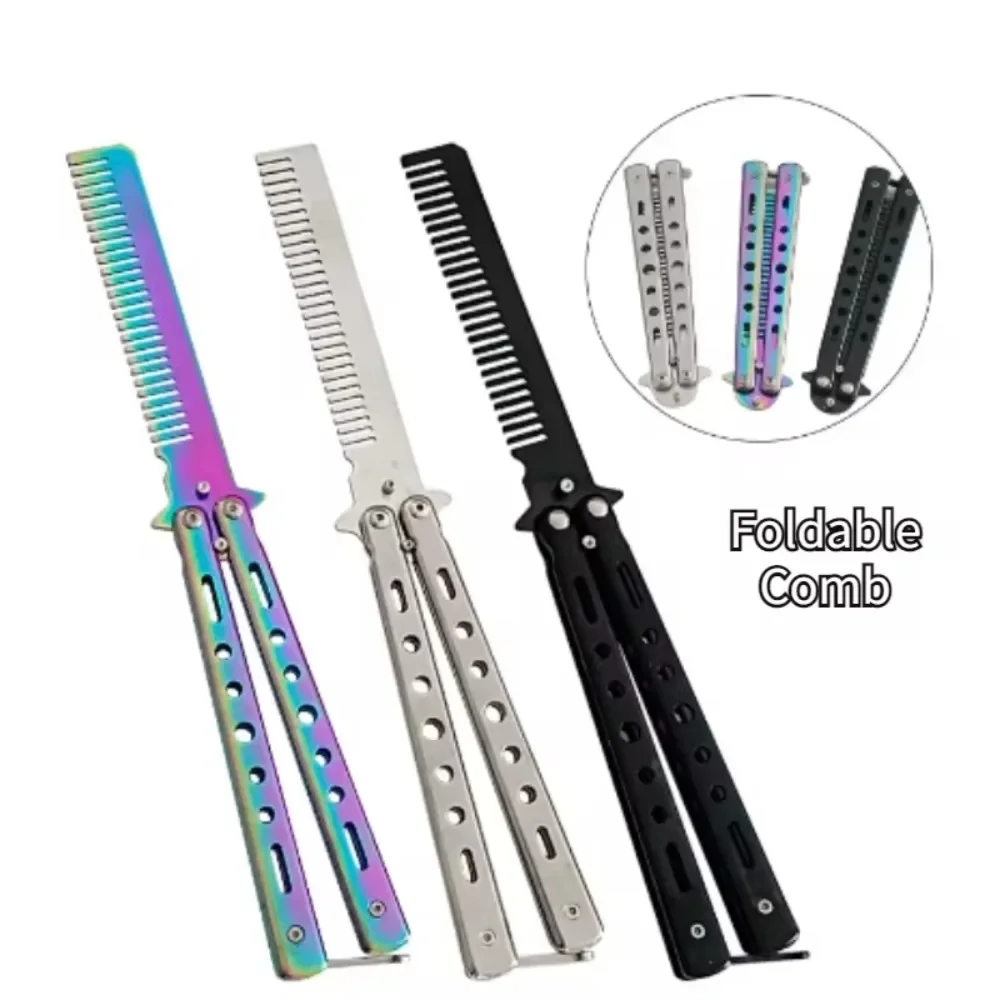 Stainless Steel Foldable Comb Practice Training Butterfly Knife Comb Beard Moustache Brushe Salon Hairdressing Styling Tools