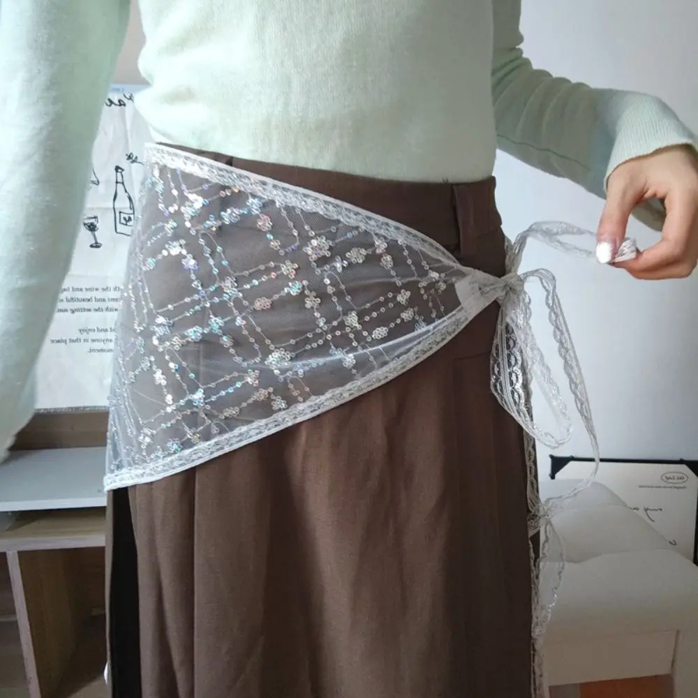 الحلو الكورية نمط الدانتيل تنورة صغيرة مثلث رقيقة الترتر نصف تنورة Cummerbund فستان من الشاش حزام البنطال الجينز أبلى