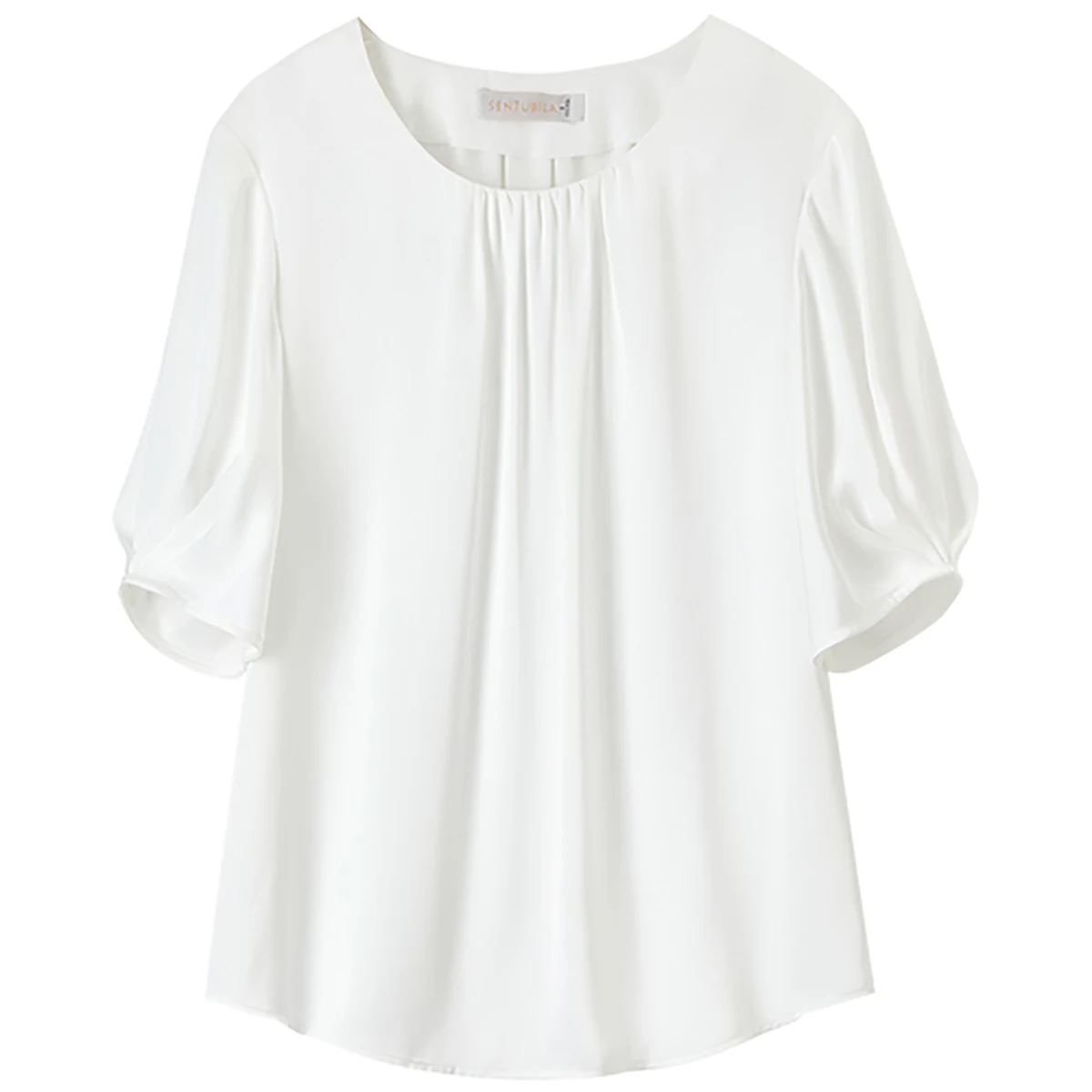 SENTUBILA Casual Loose Fit Women Blouse 2025 Summer Chiffon Folds Half Sleeve Round Neck Office Wear Elegant Shirt 152V57956