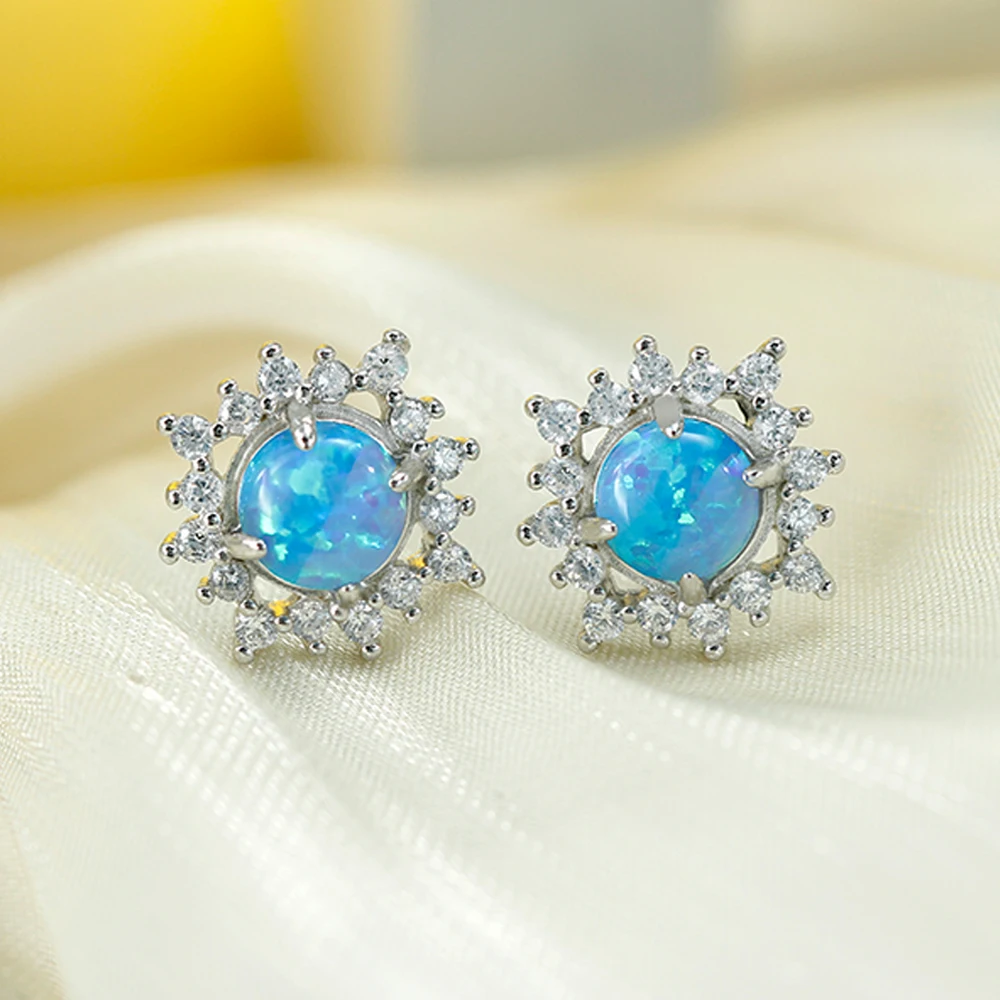 

925 Sterling Silver Sun Shape Stud Earrings For Women Opal Stone Earring