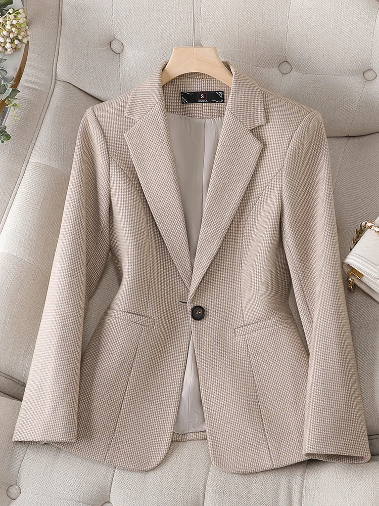 Gray Apricot Plaid Ladies Blazer Women Formal Jacket Long Sleeve Single Button Female Business Work Wear Coat