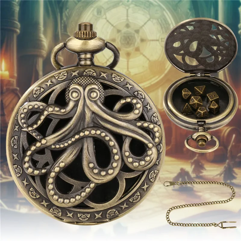 Retro Hollow Octopus Pocket Watch Case Pendant Chain with 7pcs Metal Polyhedral Dice Role Playing Board Games Accessory