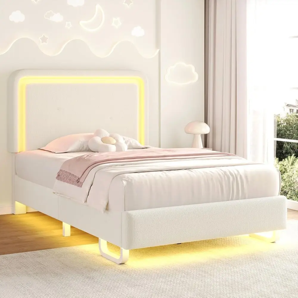 

Каркас кровати с мягкой обивкой и светодиодной подсветкой, регулируемое шикарное двуспальное изголовье, кровать-платформа принцессы-букле для детей/девочек, массив дерева