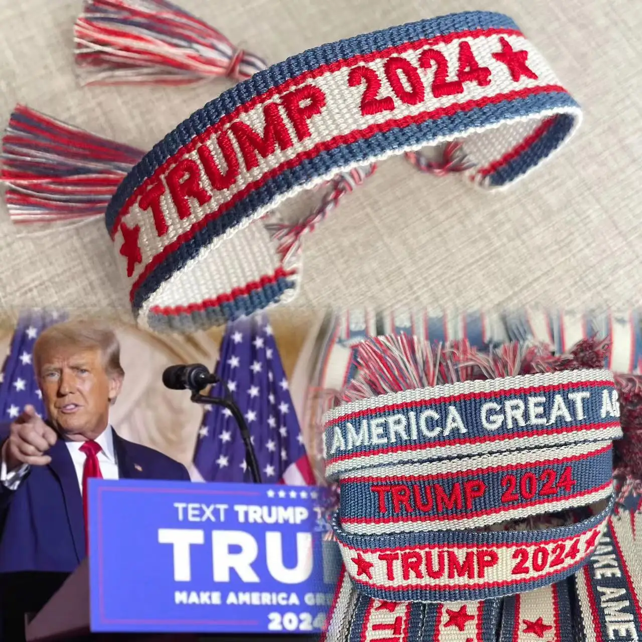 

New Donald Trump 2024 Woven Bracelets Saying MAGA Vote Bracelets with Embroidery Wholesale Drop Shipping