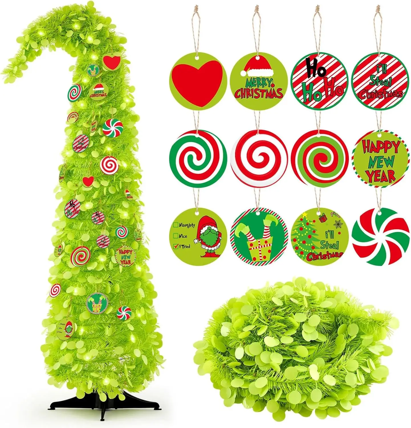 

5ft Bendable Pop-Up Christmas Tree with 36 Wooden Ornaments - Indoor Outdoor Holiday Decor