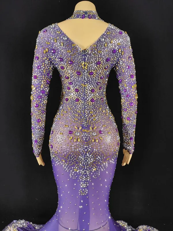 เพชรชุดวันเกิดขายร้อนนักร้องหญิงGorgeous Court Rhinestoneสีม่วงชุดผลกําไรในรอบเต้นรําVestidos De Fiesta De Lujo