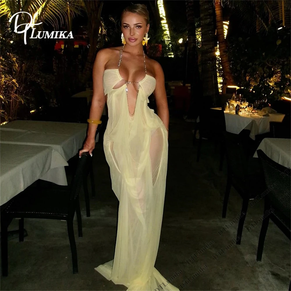 DTLumika 2026 Popular Women's Halter Party Dress, Chain Decorations Formal Dress for Cocktail, Night Club, Wedding Party, Events