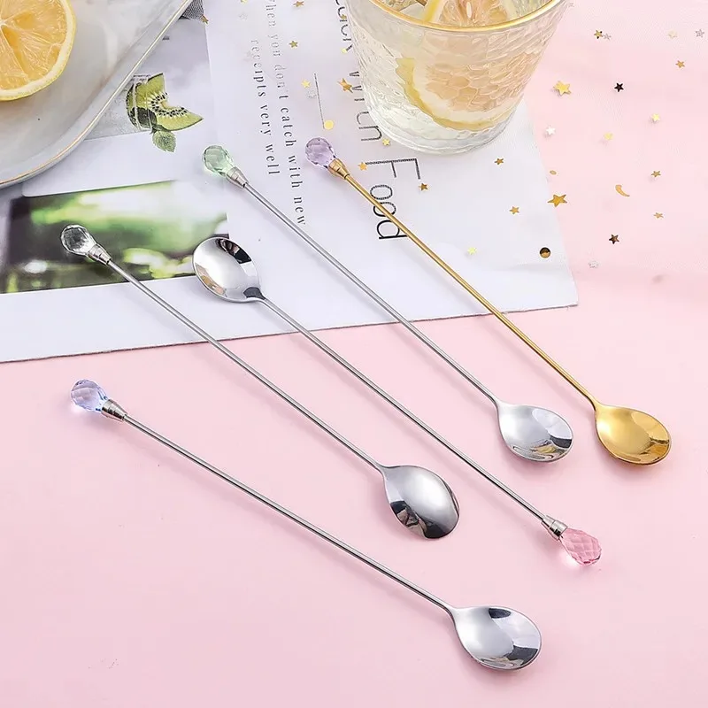 1pcs Diamond Ice Spoon Stainless Steel Long Stirring Spoon Exquisite Crystal Teaspoon for Ice Cream Dessert Coffee Cocktail Mug