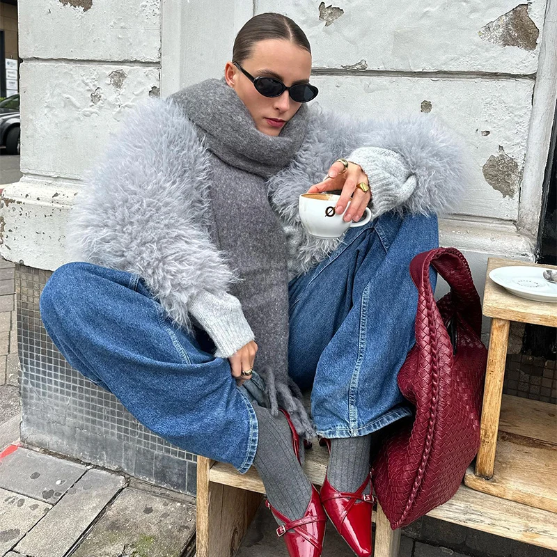 Iconic Fuzzy Cropped Shaggy Lamb Faux Fur giacca su misura abbigliamento invernale donna 2024 moda Shearling cappotti in blu abiti autunnali