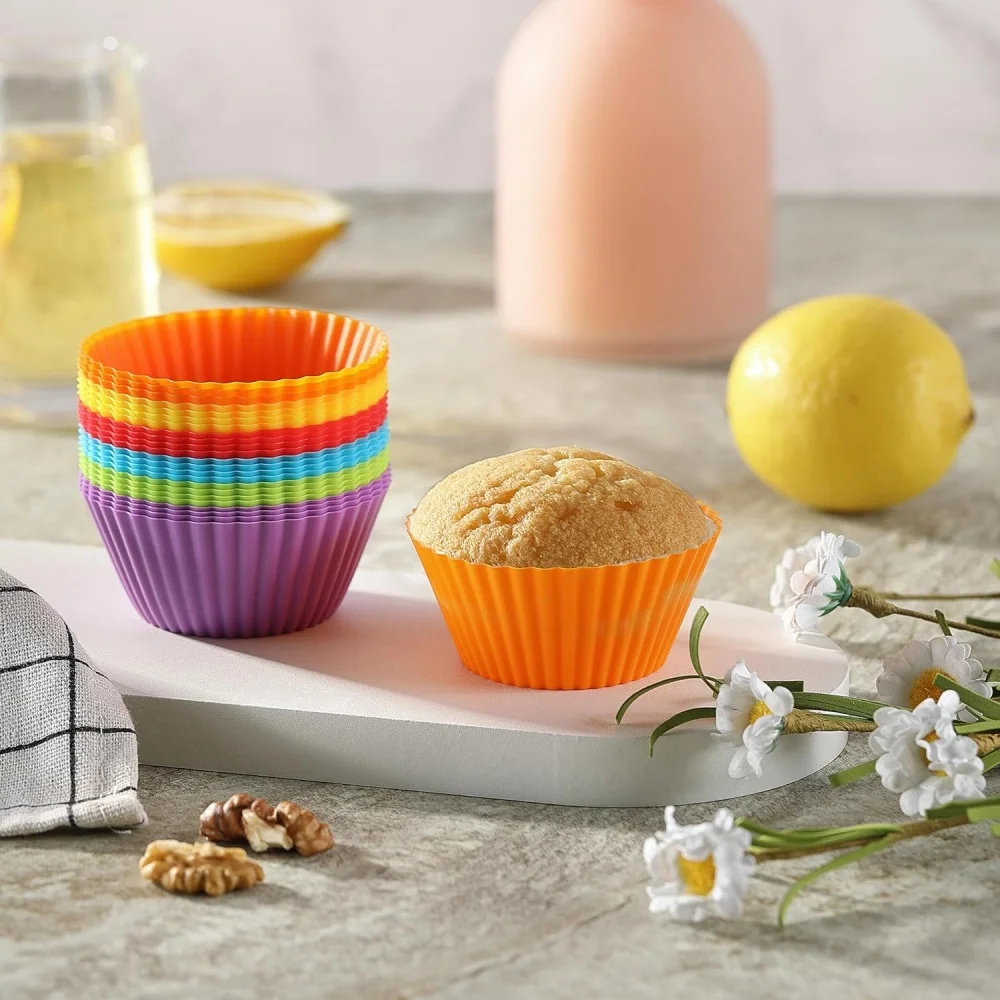 12pc silicone cupcake liner, reusable baking muffin cup liner, suitable for cupcakes, multi-color, dishwasher-washable.