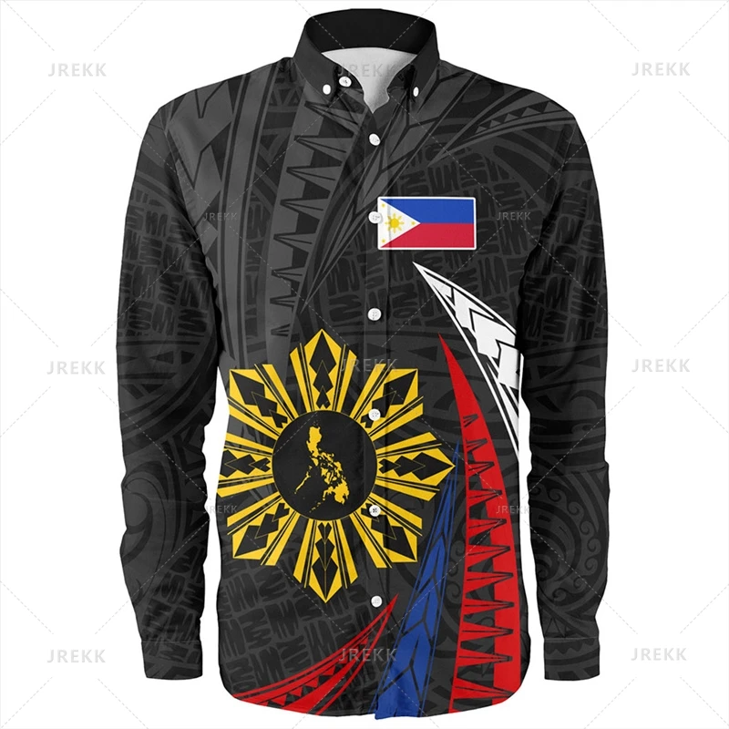 Small Size Vintage 3D Proud To Be Philippines Print Long Sleeve Shirts Mens Philippines Ethnic Patterns Graphic Shirts & Blouses