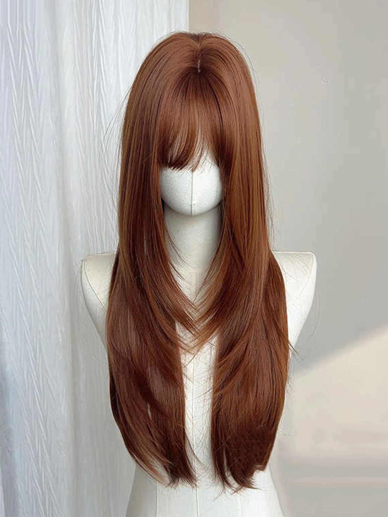 AOSIQUEEN Orange Brown Long Straight Layered Synthetic Wigs with Bangs Cosplay Wig for Women High Temperature Natural Fake Hair