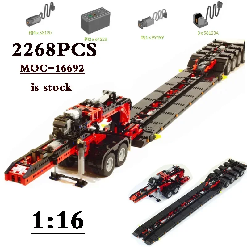 

Классический MOC-Custom SLT RC Low Boy Trailer MOC-16692 Строительный блок Автомобильный грузовик с нагрузкой Прицеп 2268 шт. Собранная игрушечная модель
