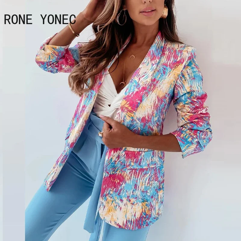 Women Elegant All Over Print Long Sleeves Fake PocketShort Blazer Jackets